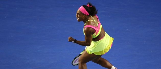 MELBOURNE, AUSTRALIA - JANUARY 31:  Serena Williams of the United States celebrates winning a point in her women's final match against Maria Sharapova of Russia during day 13 of the 2015 Australian Open at Melbourne Park on January 31, 2015 in Melbourne, Australia.  (Photo by Quinn Rooney/Getty Images)