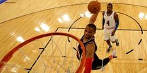 Vine: Russell Westbrook jumped so high to finish an alley-oop he hit his head on the backboard