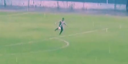 VIDEO: Goalkeeper scores from his own box in atrocious rain storm in Brazil