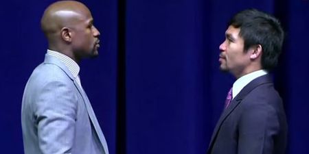 Video: Floyd Mayweather and Manny Pacquiao engage in ludicrously overdramatic stare down