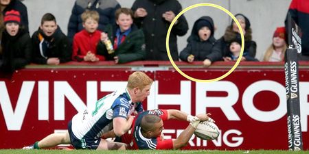This young Munster fan had the best seat in the house for Simon Zebo’s wonder-try
