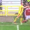 VINE: Swindon manager needs to go to gym as he’s taken out by MK Dons player on sideline