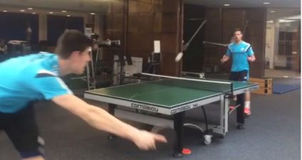 VINES: Thibaut Courtois’ reflexes translate perfectly to table tennis as he takes on teammates