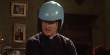 PIC: College American Football team honour Father Ted on their helmets