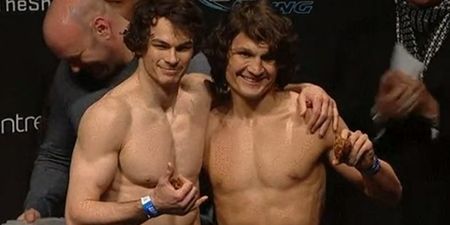 GIF: They will fight. But first Olivier Aubin-Mercier and David Michaud share some muffins
