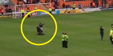 Video: Crowd erupts as man in mobility scooter joins Blackpool’s pitch protest