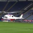 Video: Leicester owner lands his private helicopter on pitch