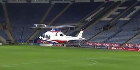 Video: Leicester owner lands his private helicopter on pitch
