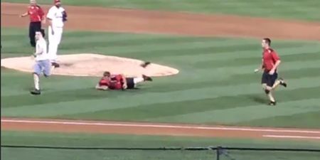 VIDEO: The fastest damn pitch invader we’ve ever seen reaches home plate with champion somersault