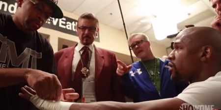 WATCH: Behind-the-scenes footage of Freddie Roach complaining about Mayweather’s hand wraps