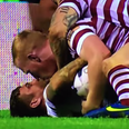 Video: Super League player distracts his opponent by kissing him on the lips