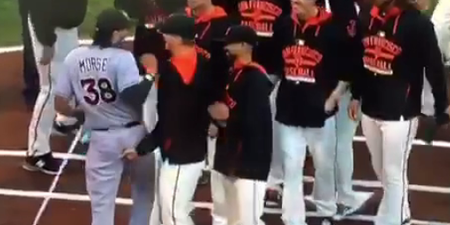 Vine: A Baseball player gave his former teammate a congratulatory grope last night