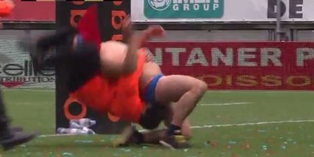 VIDEO: French steward pulls off Brock Lesnar powerbomb on Superman streaker