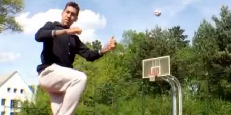 VINE: Liverpool and United target showing off with an outrageous no-look volley to basketball net