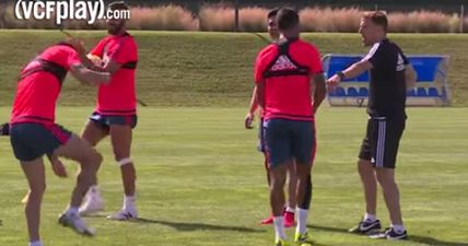 VIDEO: Phil Neville is adapting to Spanish life well as he takes part in game of Rondo with Valencia players