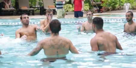 VIDEO: Santi Cazorla leads Arsenal in a game of header keepy-ups in the pool and they go mad