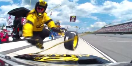 Video: Pit lane chaos as over-enthusiastic Nascar driver skittles tyre crew