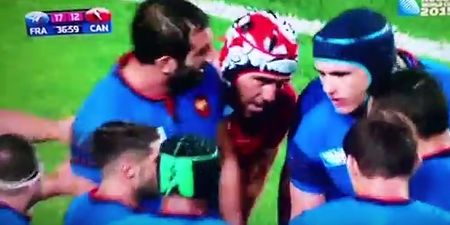 VIDEO: Canada’s Jamie Cudmore acting a cheeky little rascal and sneaking into the French huddle