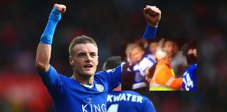VIDEO: Leicester fan nearly forgets he’s holding his kid as he jumps wildly after Jamie Vardy