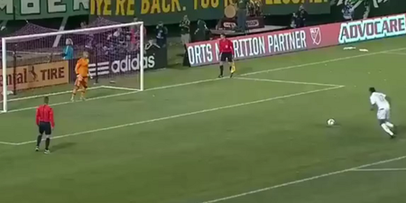 VIDEO: Kansas City defender very, very unlucky not to see penalty go in