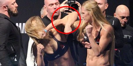 WATCH: Ronda Rousey hit herself in the face with Holly Holm’s fist during intense staredown
