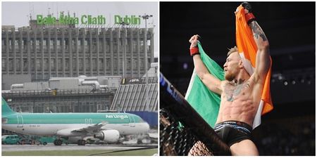 Safe travels to the Irish legend who showed up at Dublin Airport with this Conor McGregor flag