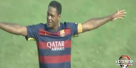 VIDEO: 39-year-old Patrick Kluivert scores absolutely outrageous lob for Barcelona legends
