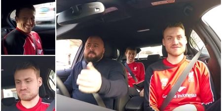 VIDEO: Simon Mignolet does not enjoy Liverpool’s April Fools’ Day driver but Lucas Leiva has a right laugh