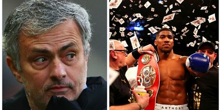 Jose Mourinho looks thoroughly miserable as he watches the climax to Anthony Joshua’s fight