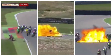 WATCH: Motorcyclists lucky to escape unharmed after terrifying fireball at Moto2 race