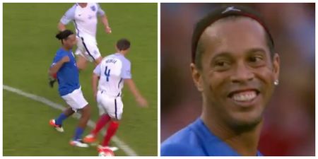Ronaldinho nutmegging celebrities for fun at Soccer Aid