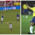 Mark Wright does his best Roberto Carlos impression with Soccer Aid’s opening goal