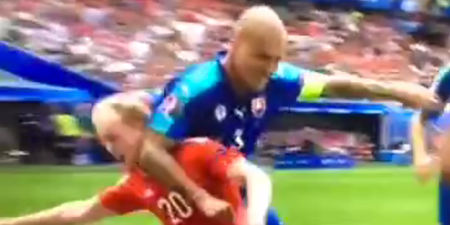 Wales fans livid as Skrtel’s elbow on Williams goes unpunished a yard from the official