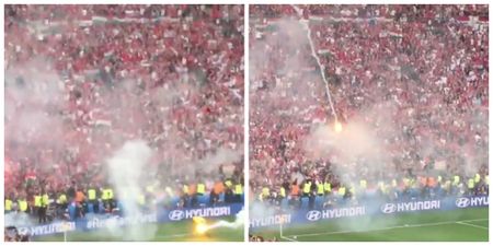 This video shows just dangerous the lit flares really were at the Hungary game
