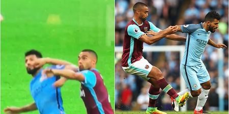 Sergio Aguero could be in trouble after appearing to land an elbow on Winston Reid