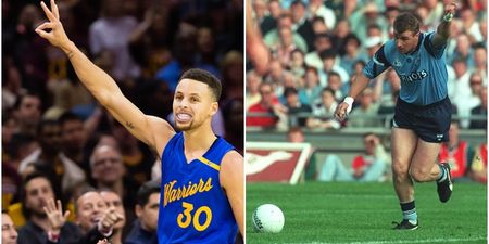 WATCH: Steph Curry is absolutely awful at GAA free-kicks