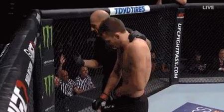 WATCH: UFC fighter forced to drop his shorts in Octagon after cup breaks, commentators crack up