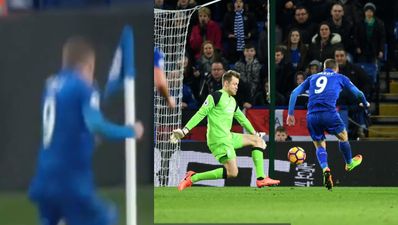 Jamie Vardy’s goal utterly ruined by his feeble attempt to punch corner flag
