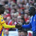 Liverpool player Mamadou Sakho celebrates with Christian Benteke after he scored against Liverpool