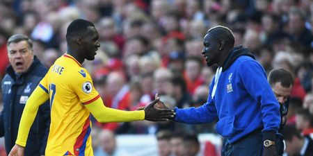 Liverpool player Mamadou Sakho celebrates with Christian Benteke after he scored against Liverpool