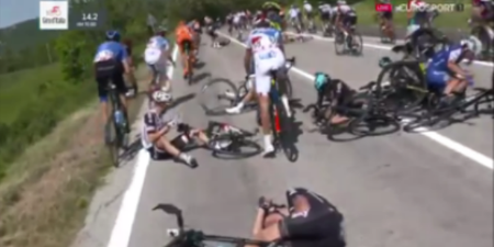 WATCH: Police motorbike causes catastrophic crash in Giro d’Italia that wipes out Team Sky