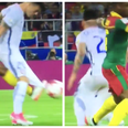 Cameroon player quite literally tackles the shorts off his Chilean opponent