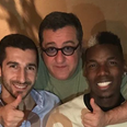 Henrikh Mkhitaryan celebrates with Paul Pogba and Mino Raiola as Alexis Sanchez swap deal nears