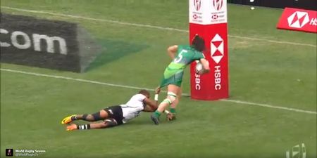 Watch: Ireland winger drags Fijian defender to the try line to score ridiculous try