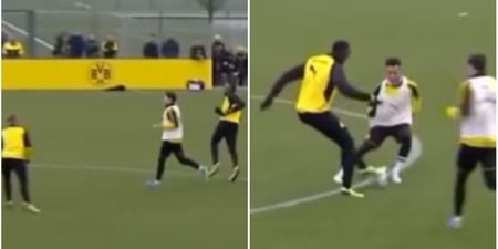 Usain Bolt nutmegs defender and scores from Mario Gotze cross at Dortmund training