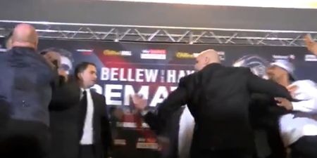 Security staff separate Tony Bellew and David Haye after heated staredown