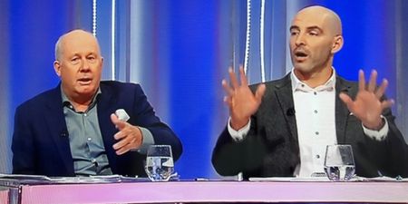 Things get awkwardly physical between Richie Sadlier and Liam Brady in RTE studio