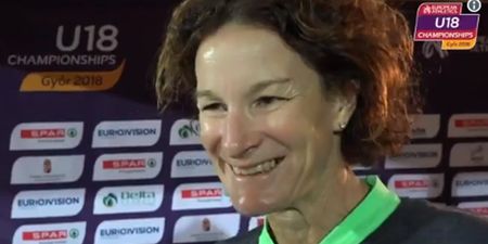 Ecstatic parent Sonia O’Sullivan celebrates her daughter Sophie’s silver medal