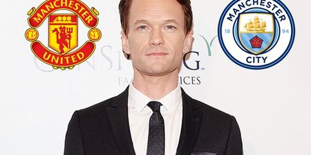 Neil Patrick Harris wears Manchester City jersey but cheers for Manchester United