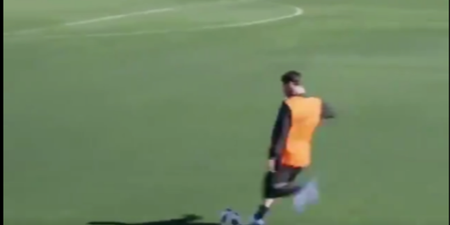 Lionel Messi nutmegs reporter from the other side of the pitch